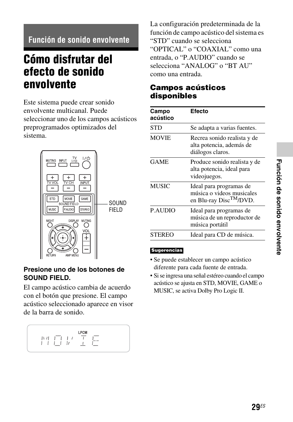 Función de sonido envolvente, Cómo disfrutar del efecto de sonido envolvente, Cómo disfrutar del efecto de | Sonido envolvente, Campos acústicos disponibles | Sony HT-CT260 User Manual | Page 115 / 130