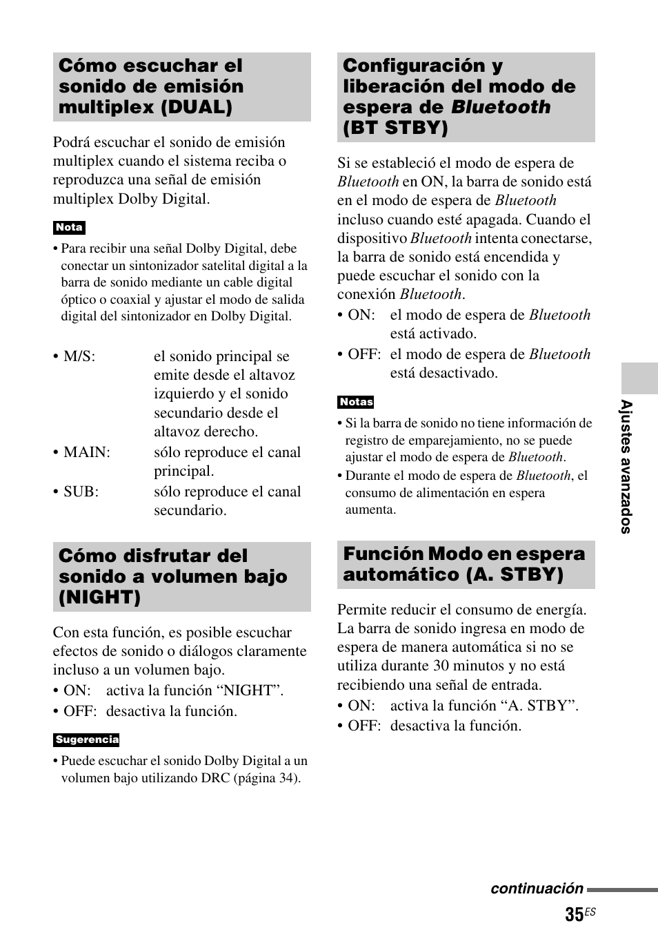 Cómo disfrutar del sonido a volumen bajo (night), Función modo en espera automático (a. stby) | Sony HT-CT260 User Manual | Page 121 / 130