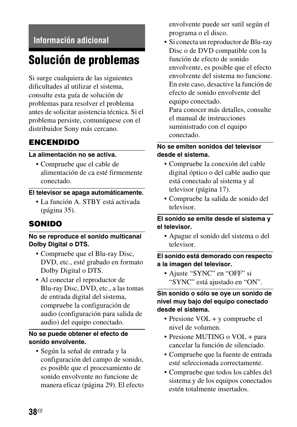 Información adicional, Solución de problemas | Sony HT-CT260 User Manual | Page 124 / 130
