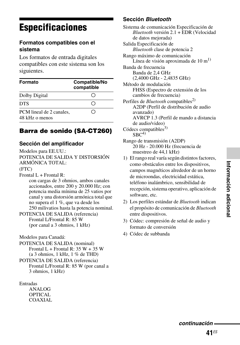 Especificaciones, Barra de sonido (sa-ct260) | Sony HT-CT260 User Manual | Page 127 / 130