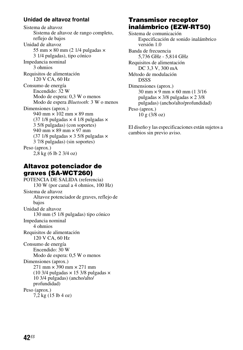 Altavoz potenciador de graves (sa-wct260), Transmisor receptor inalámbrico (ezw-rt50) | Sony HT-CT260 User Manual | Page 128 / 130