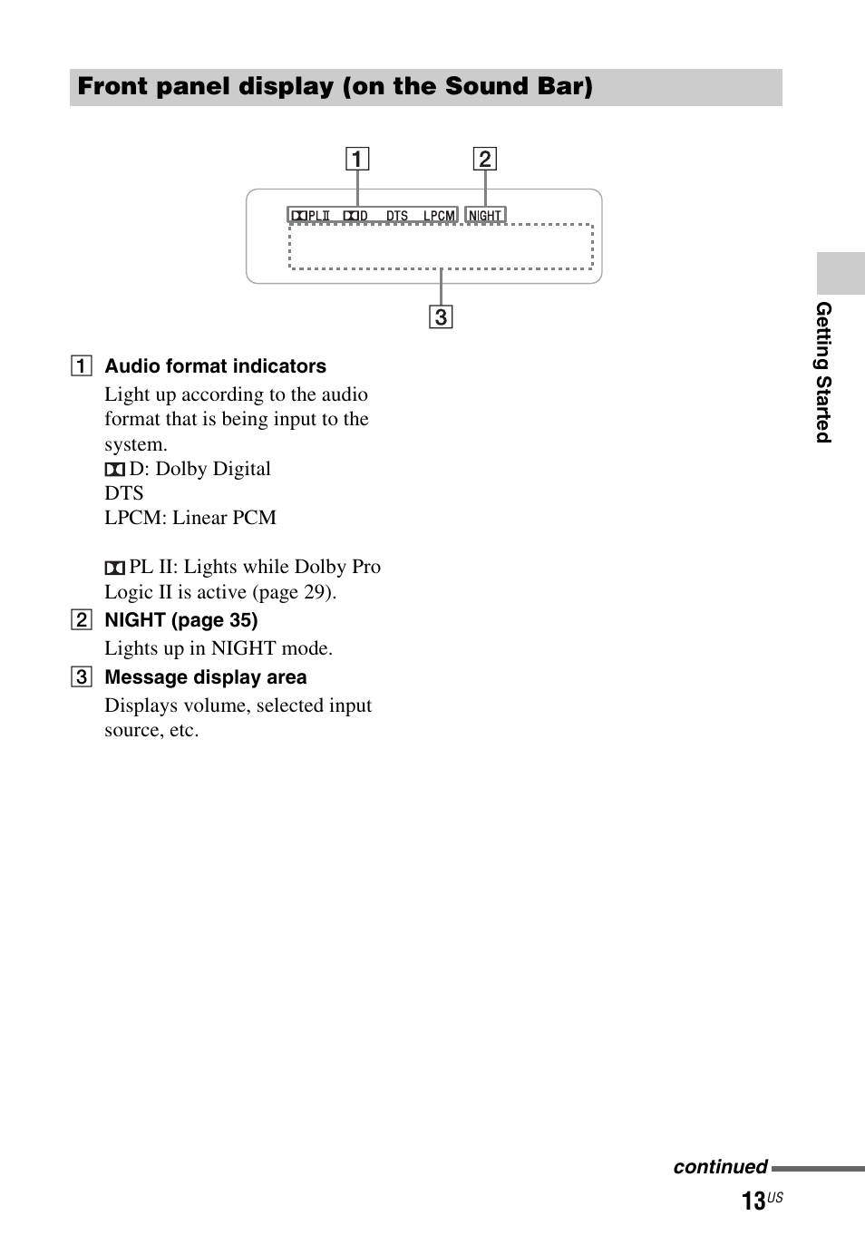 Front panel display (on the sound bar) | Sony HT-CT260 User Manual | Page 13 / 130
