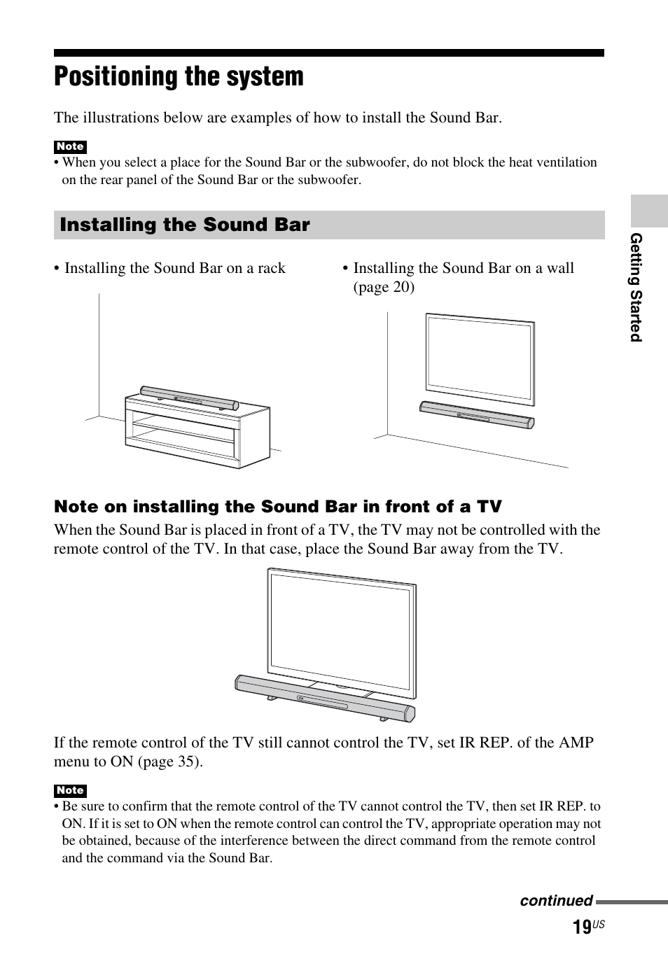 Positioning the system, Installing the sound bar | Sony HT-CT260 User Manual | Page 19 / 130