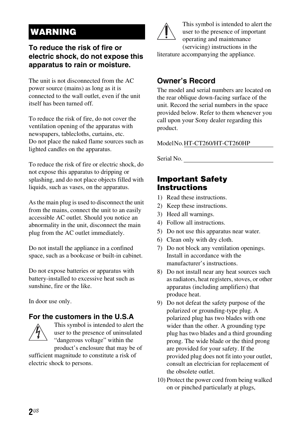 Warning | Sony HT-CT260 User Manual | Page 2 / 130