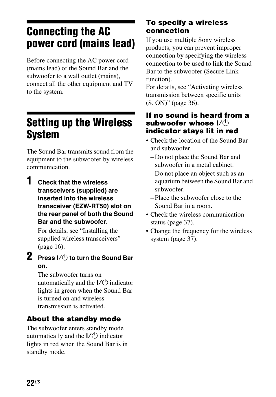 Connecting the ac power cord (mains lead), Setting up the wireless system, Connecting the ac power cord | Mains lead), Setting up the wireless, System | Sony HT-CT260 User Manual | Page 22 / 130