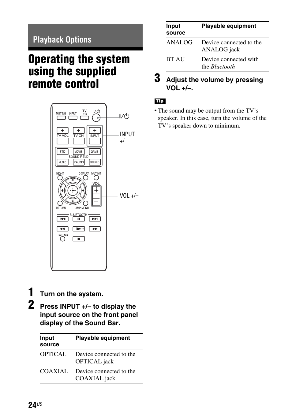 Playback options, Operating the system using the, Supplied remote control | Sony HT-CT260 User Manual | Page 24 / 130