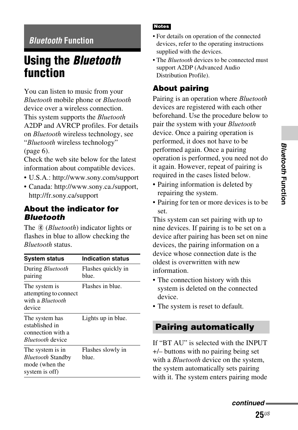 Bluetooth function, Using the bluetooth function, Pairing automatically | Sony HT-CT260 User Manual | Page 25 / 130