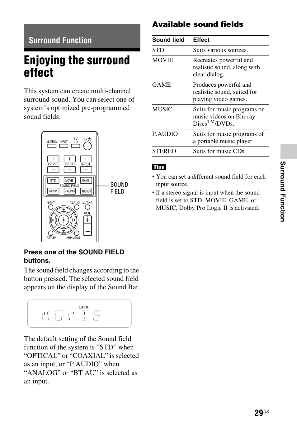 Surround function, Enjoying the surround effect, Available sound fields | Sony HT-CT260 User Manual | Page 29 / 130