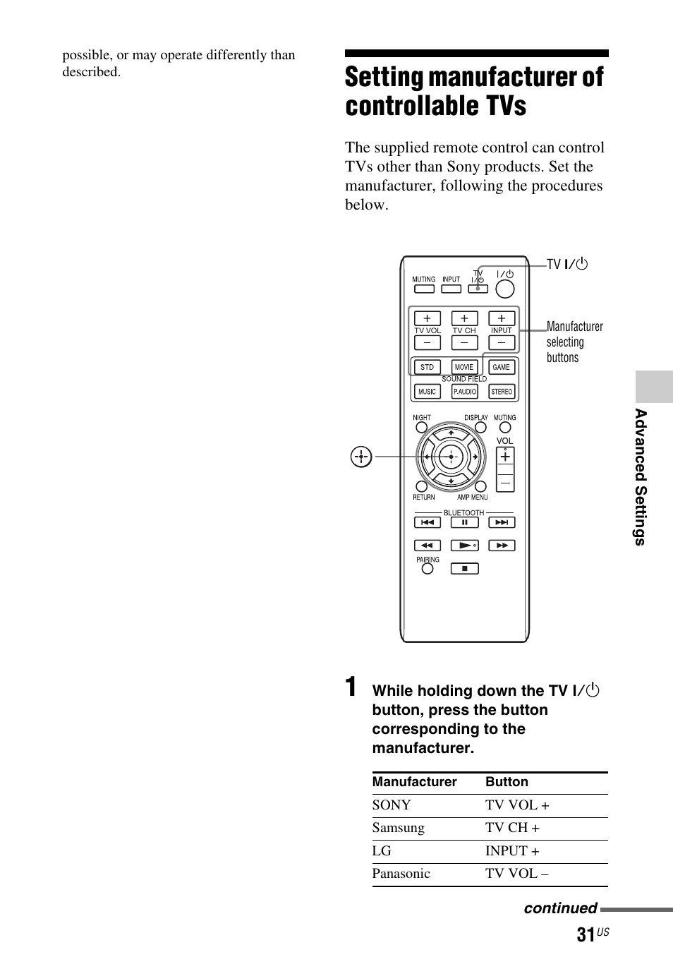 Setting manufacturer of controllable tvs, Setting manufacturer of, Controllable tvs | Sony HT-CT260 User Manual | Page 31 / 130