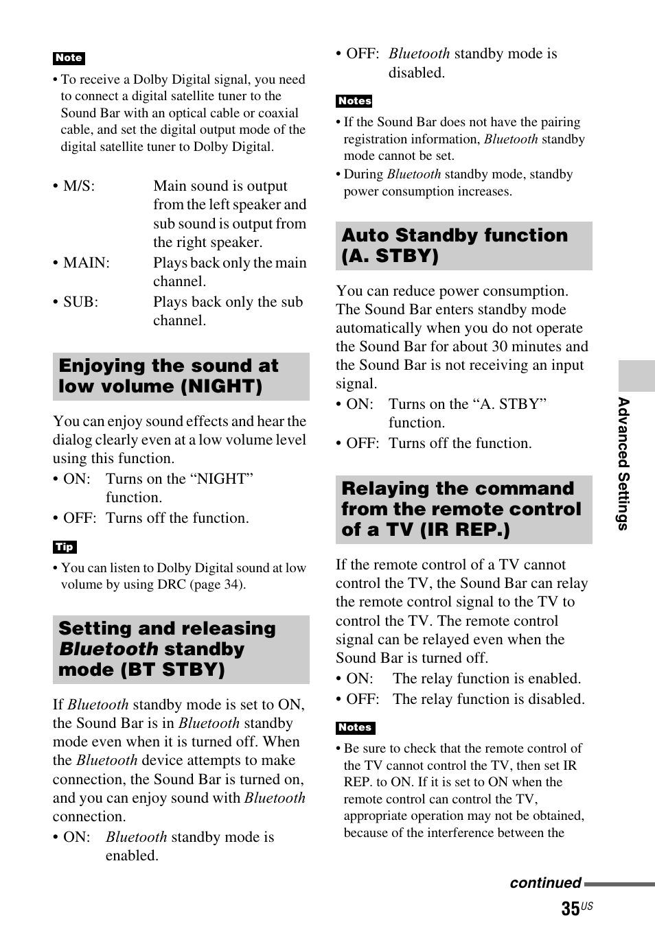 Enjoying the sound at low volume (night) | Sony HT-CT260 User Manual | Page 35 / 130