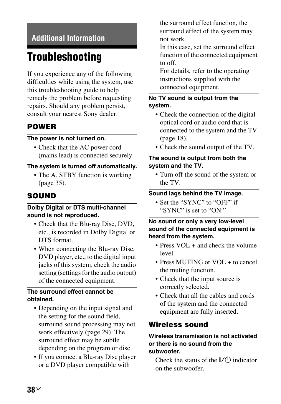 Additional information, Troubleshooting | Sony HT-CT260 User Manual | Page 38 / 130