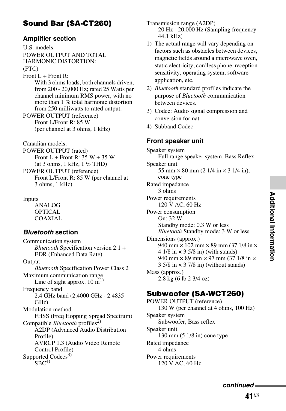 Sound bar (sa-ct260), Subwoofer (sa-wct260) | Sony HT-CT260 User Manual | Page 41 / 130