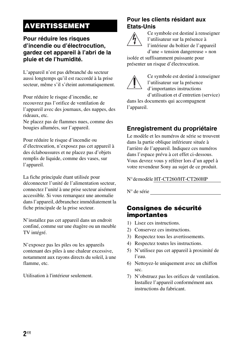 Avertissement | Sony HT-CT260 User Manual | Page 44 / 130