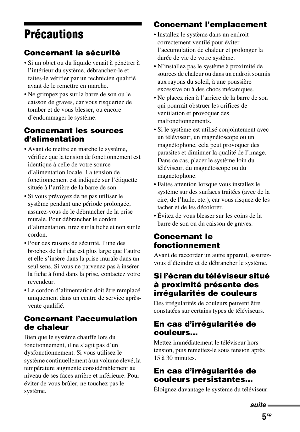 Précautions | Sony HT-CT260 User Manual | Page 47 / 130