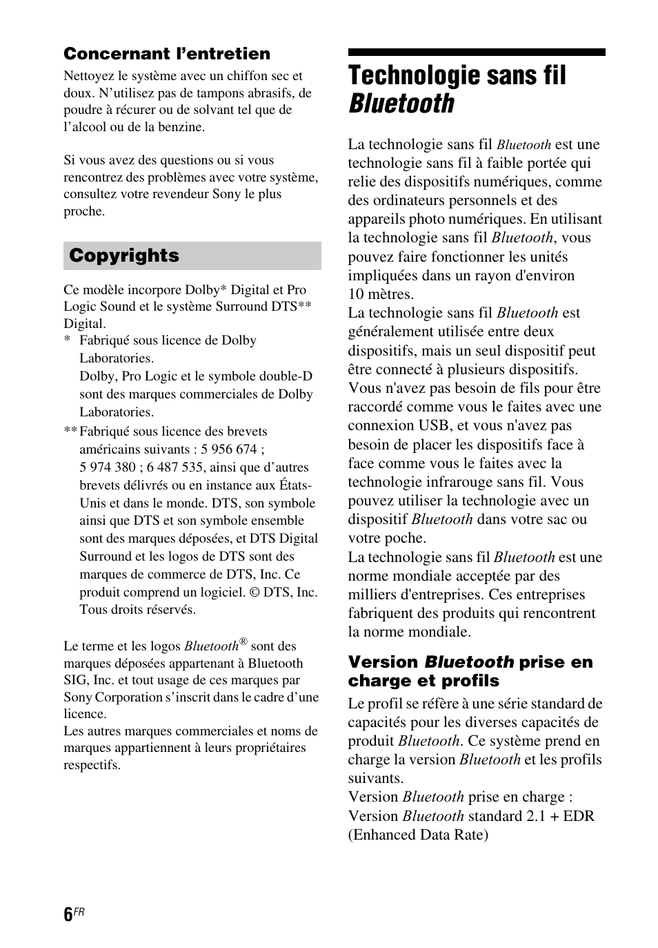 Technologie sans fil bluetooth, Copyrights | Sony HT-CT260 User Manual | Page 48 / 130