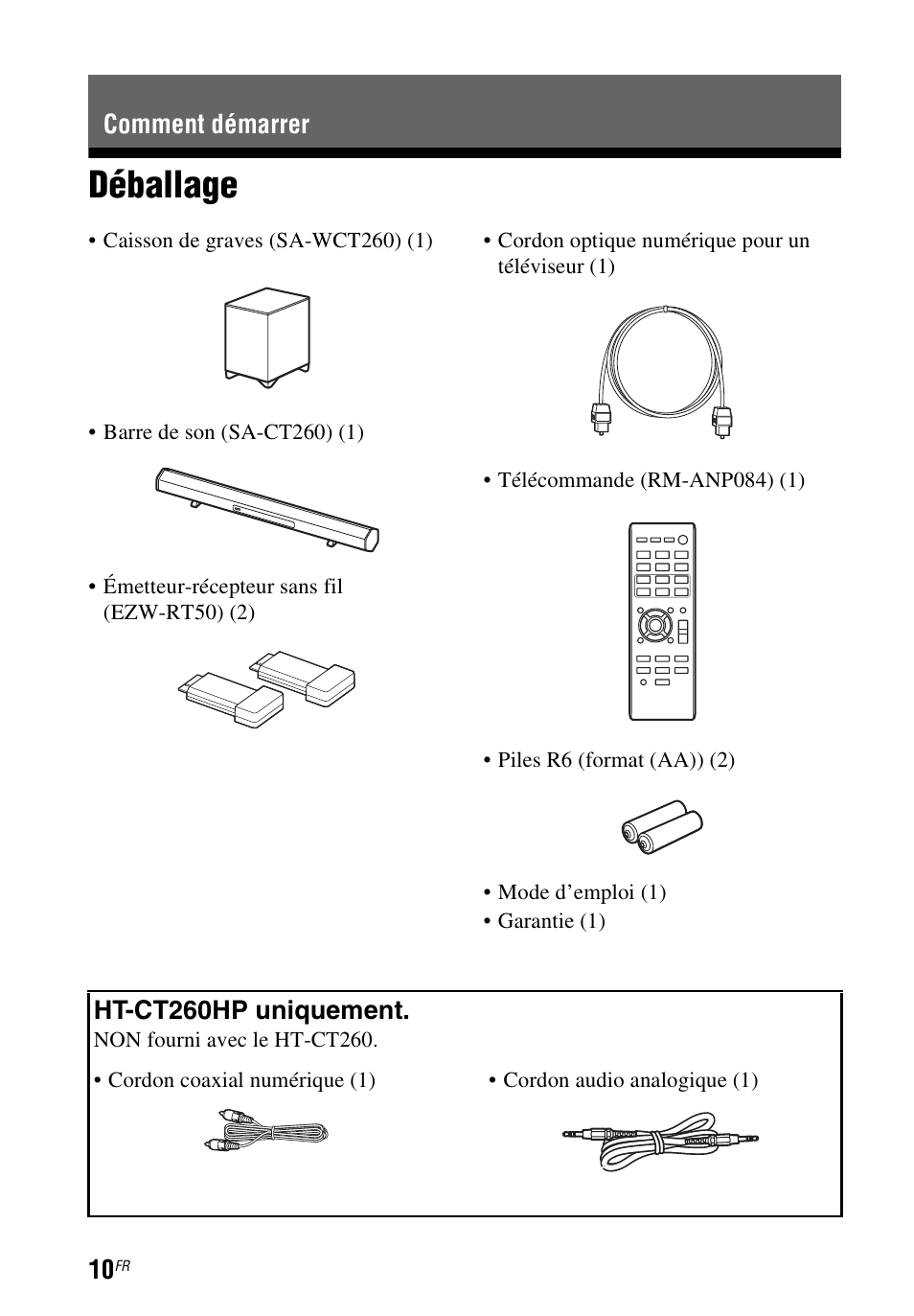 Comment démarrer, Déballage, Comment démarrer ht-ct260hp uniquement | Sony HT-CT260 User Manual | Page 52 / 130