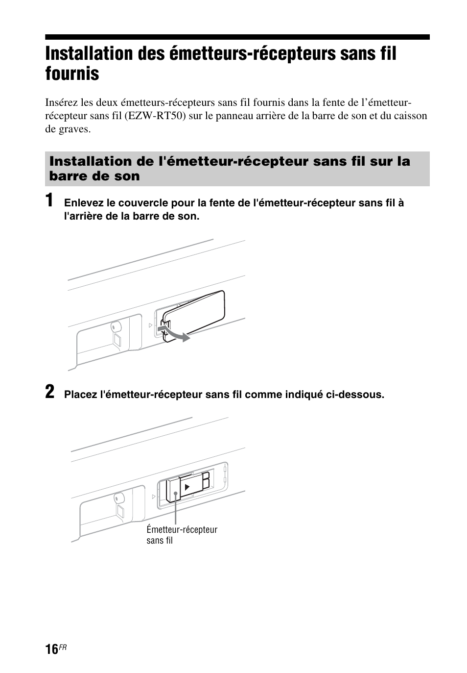 Installation des émetteurs-récepteurs, Sans fil fournis | Sony HT-CT260 User Manual | Page 58 / 130