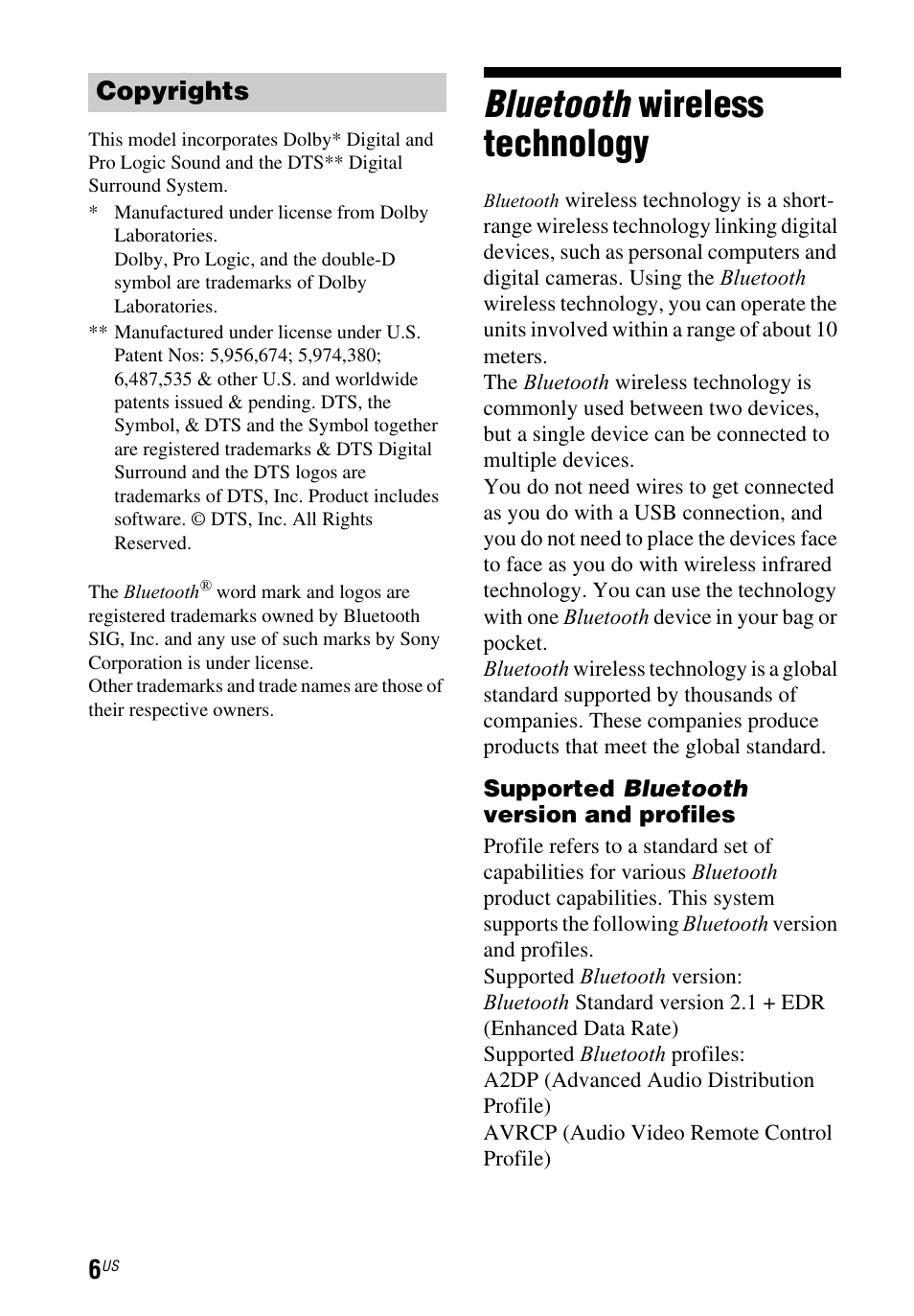 Bluetooth wireless technology, Copyrights | Sony HT-CT260 User Manual | Page 6 / 130