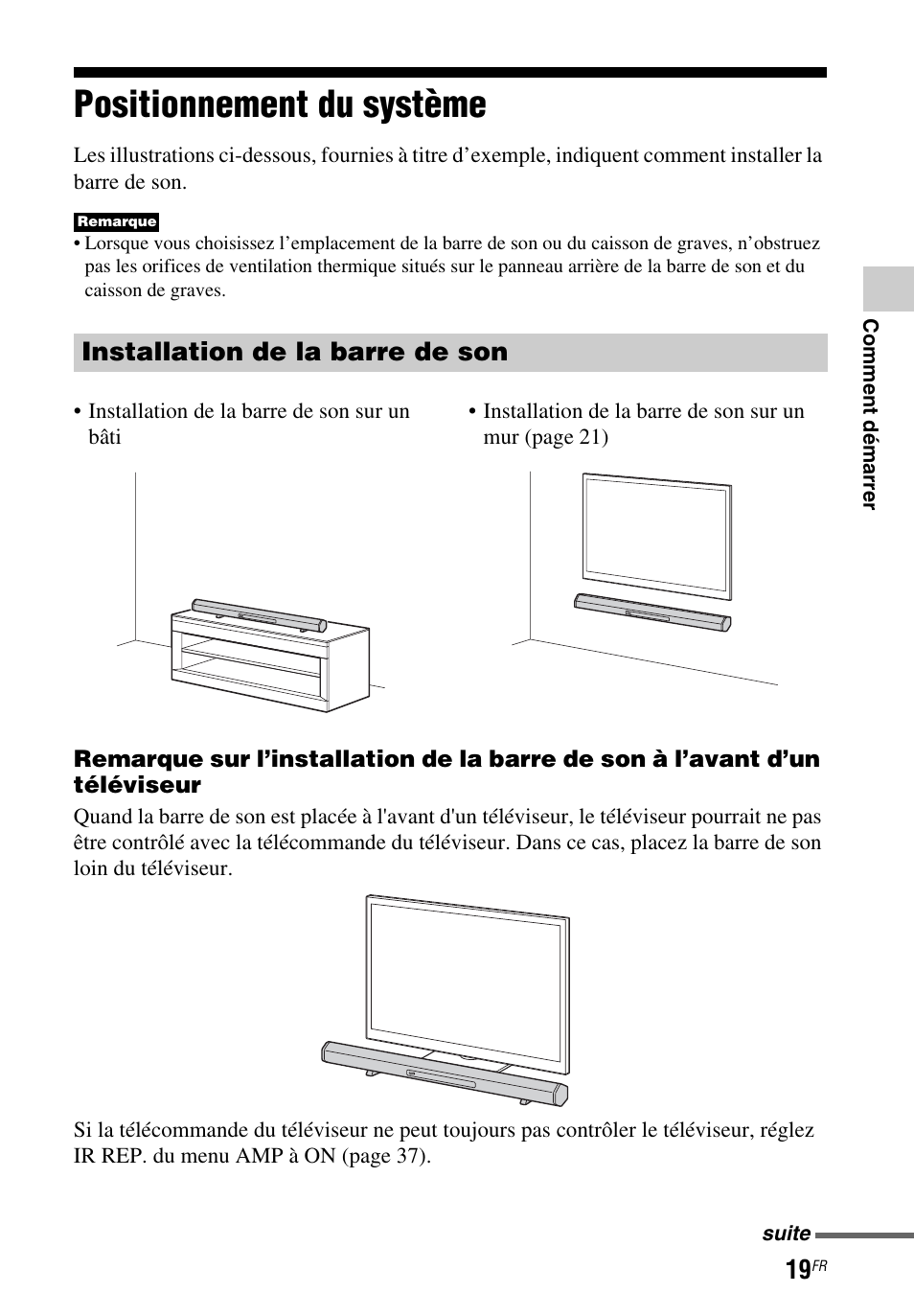 Positionnement du système, Installation de la barre de son | Sony HT-CT260 User Manual | Page 61 / 130