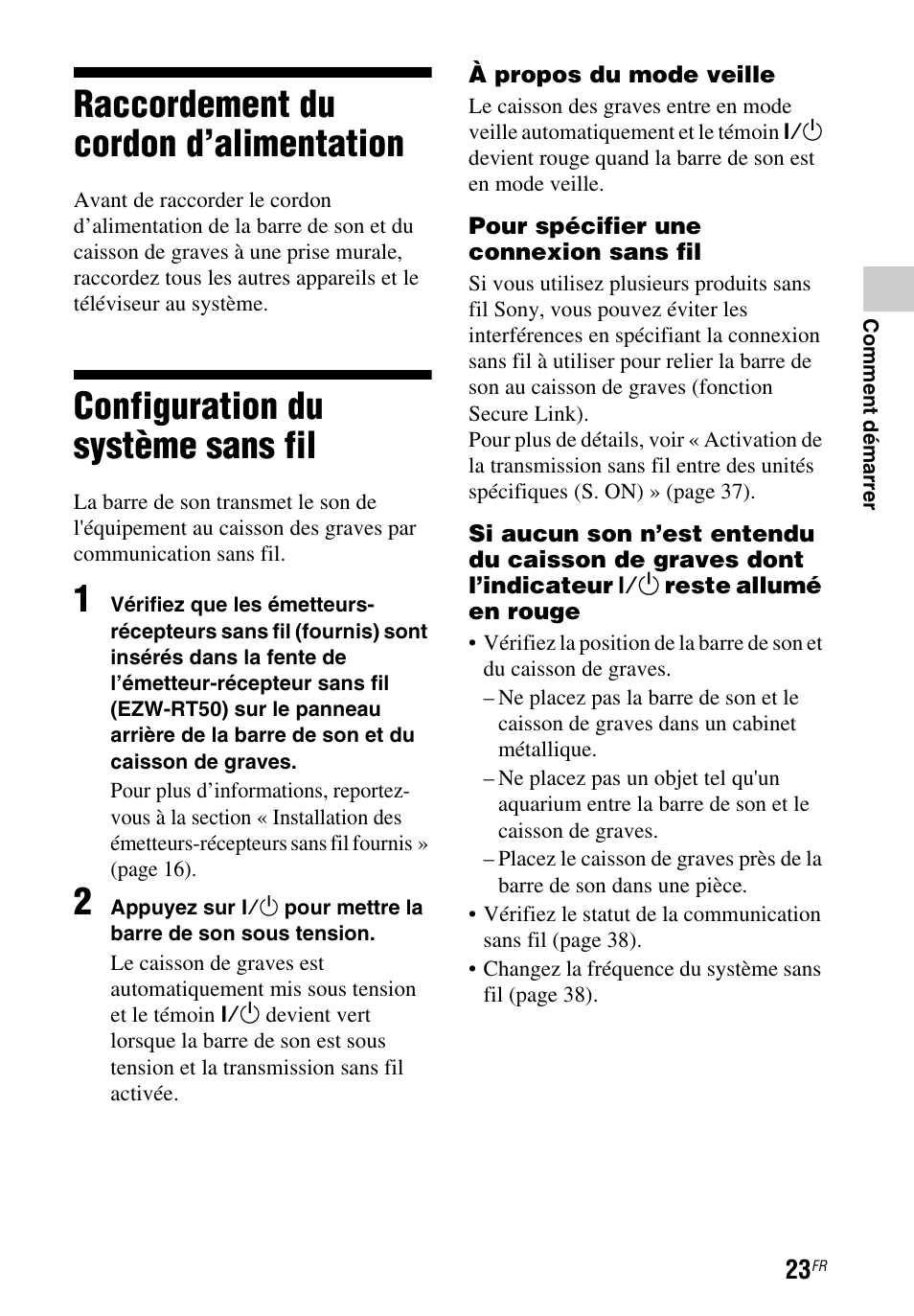 Raccordement du cordon d’alimentation, Configuration du système sans fil, Raccordement du cordon | D’alimentation, Configuration du système sans | Sony HT-CT260 User Manual | Page 65 / 130