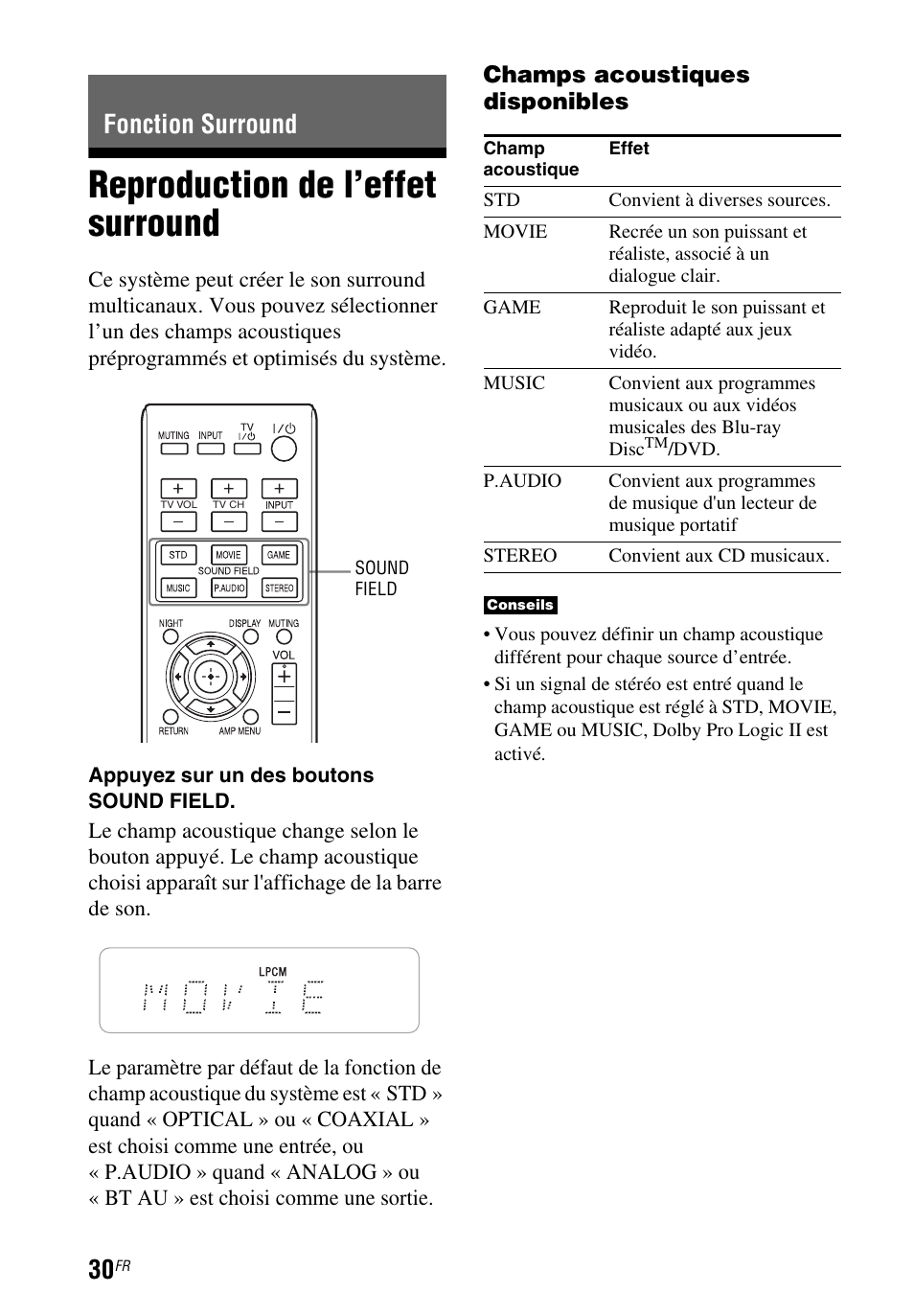 Fonction surround, Reproduction de l’effet surround, Champs acoustiques disponibles | Sony HT-CT260 User Manual | Page 72 / 130