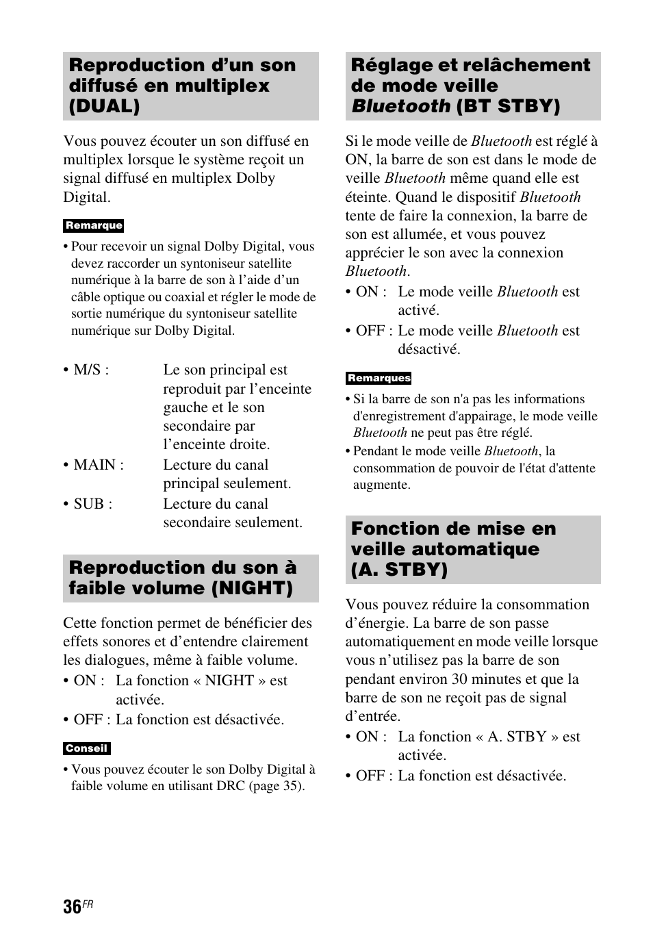 Reproduction d’un son diffusé en multiplex (dual), Reproduction du son à faible volume (night), Fonction de mise en veille automatique (a. stby) | Sony HT-CT260 User Manual | Page 78 / 130