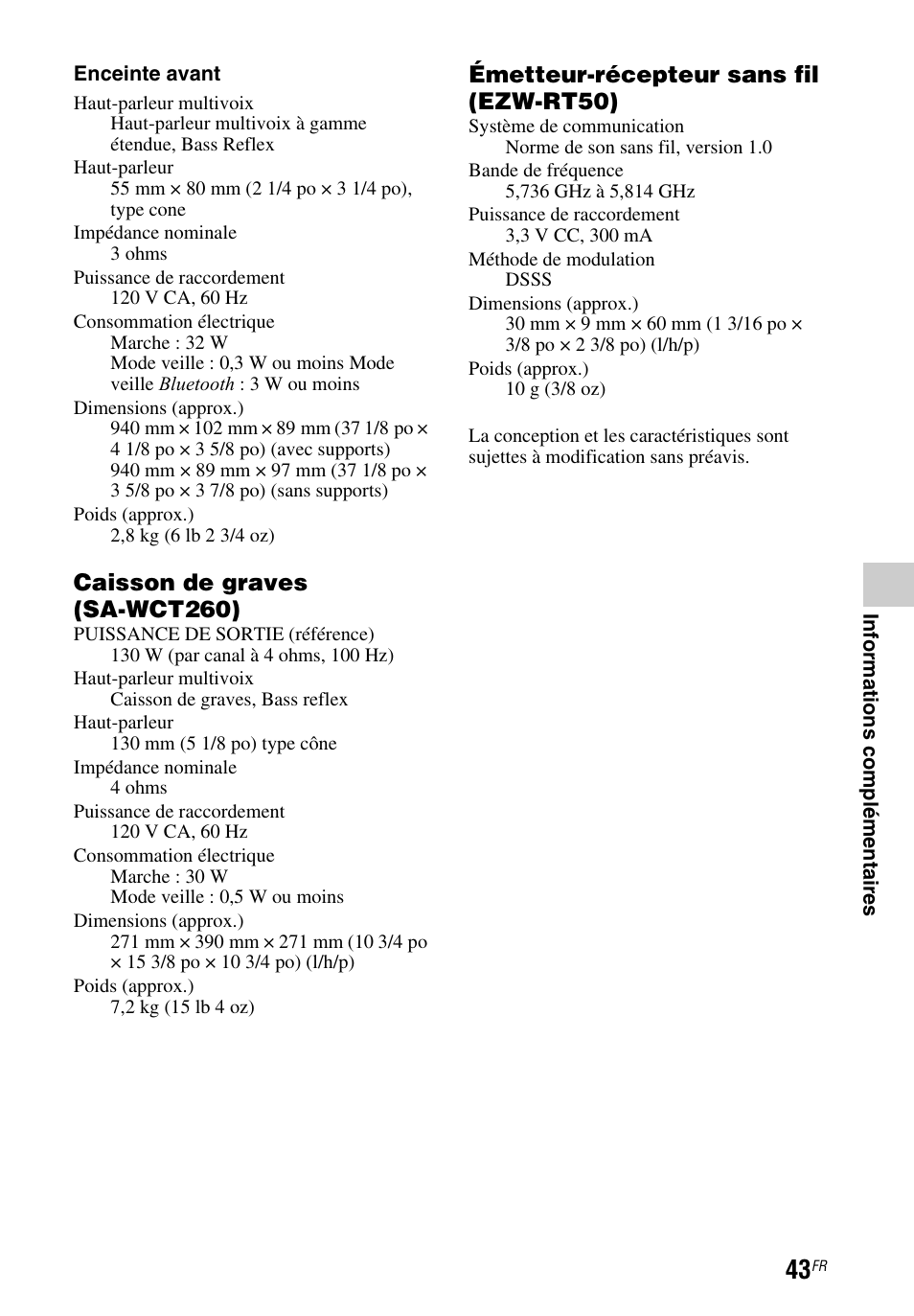 Caisson de graves (sa-wct260), Émetteur-récepteur sans fil (ezw-rt50) | Sony HT-CT260 User Manual | Page 85 / 130