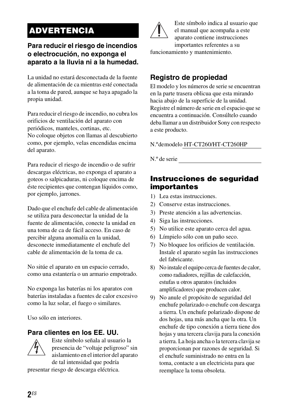 Advertencia | Sony HT-CT260 User Manual | Page 88 / 130