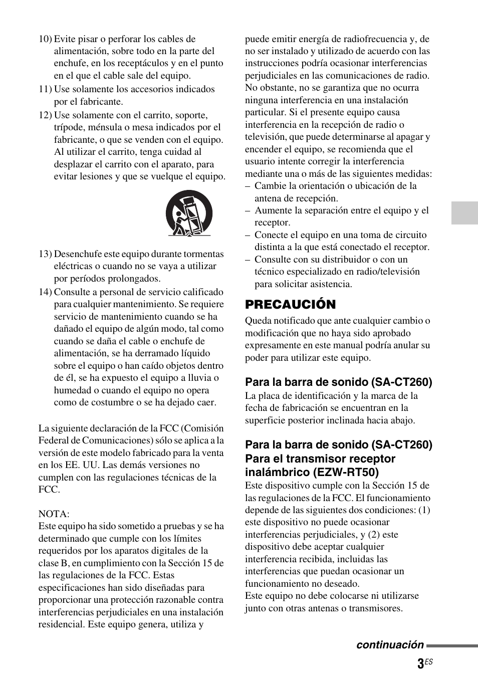 Precaución | Sony HT-CT260 User Manual | Page 89 / 130