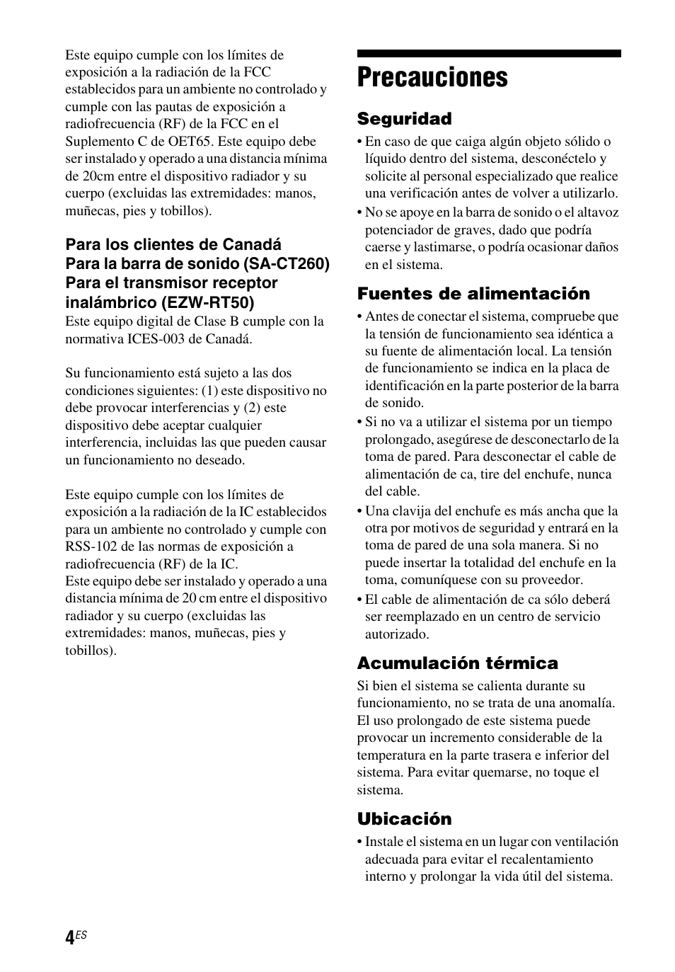 Precauciones | Sony HT-CT260 User Manual | Page 90 / 130