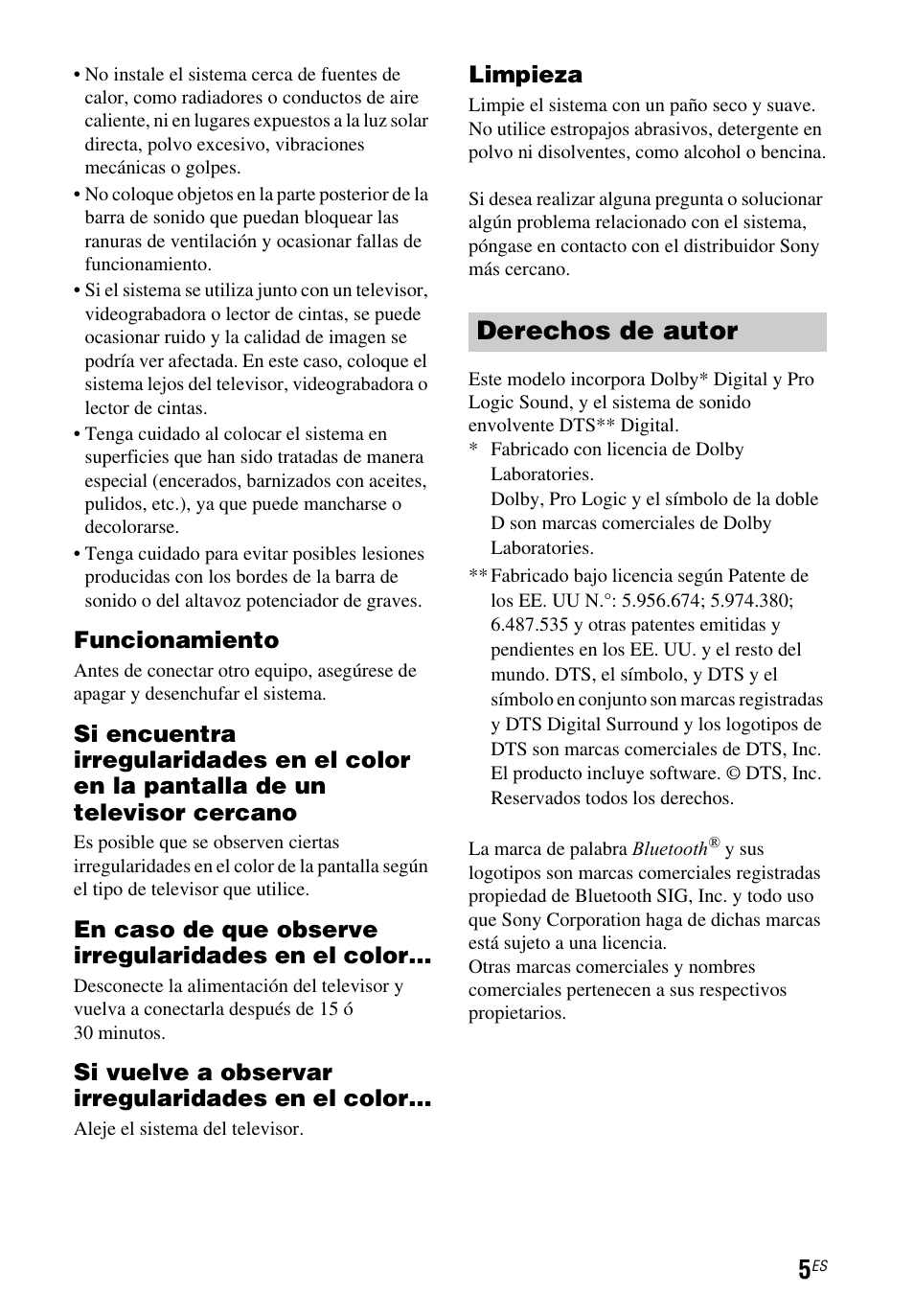 Derechos de autor | Sony HT-CT260 User Manual | Page 91 / 130
