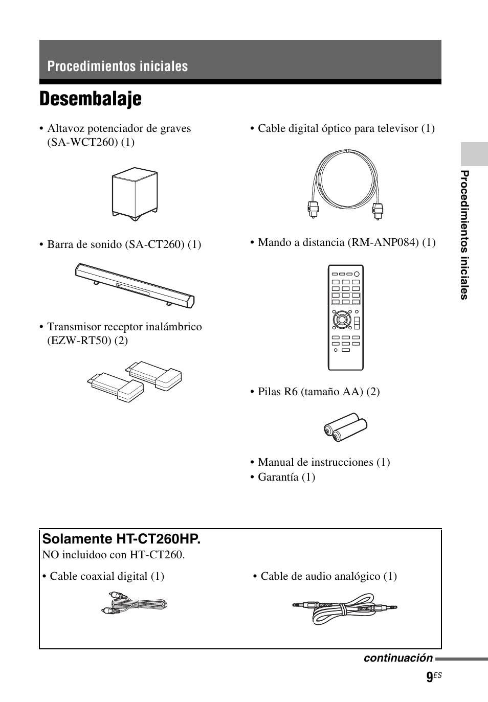 Procedimientos iniciales, Desembalaje, Procedimientos iniciales solamente ht-ct260hp | Sony HT-CT260 User Manual | Page 95 / 130