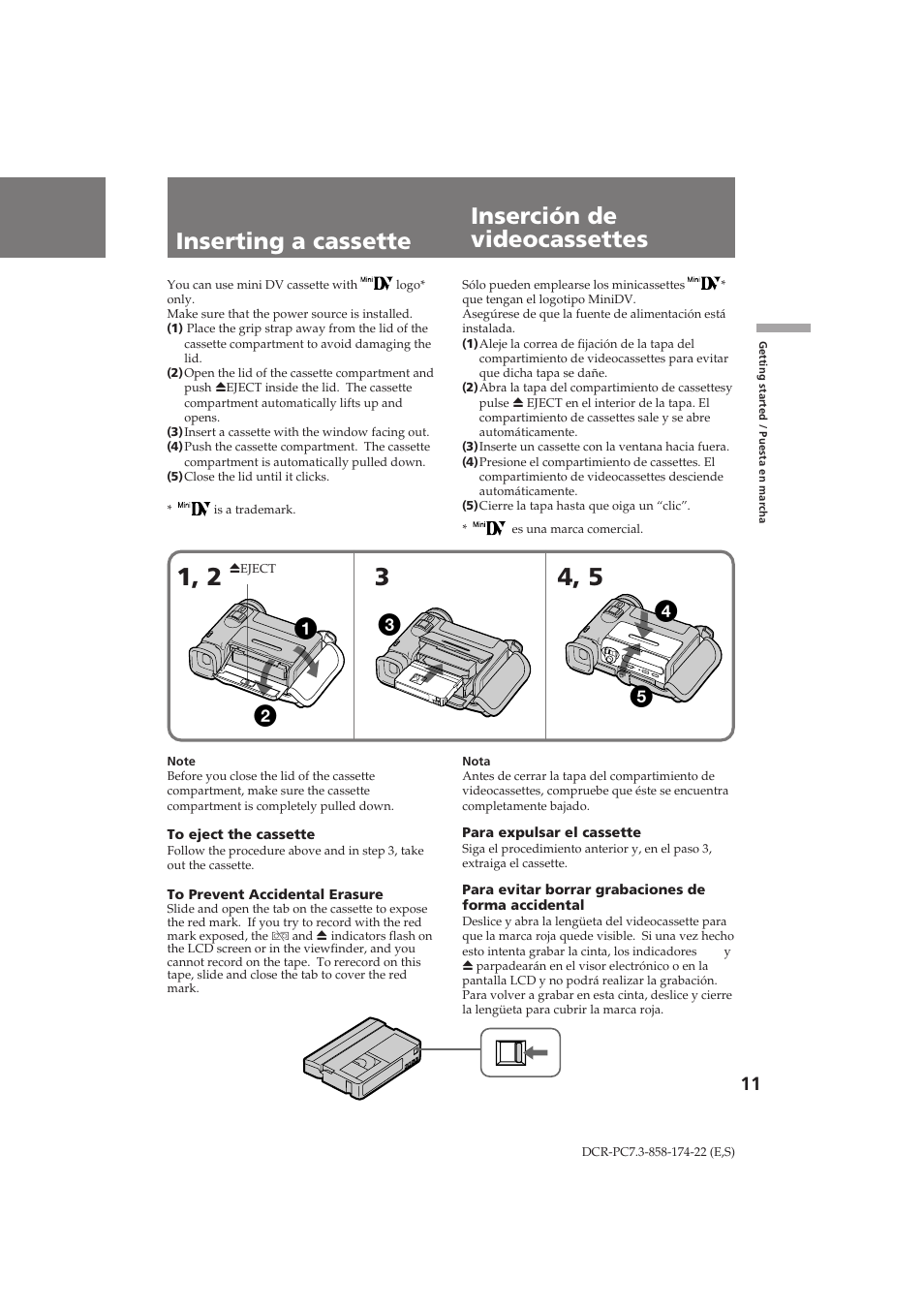 Inserting a cassette inserción de videocassettes | Sony DCR-PC7 User Manual | Page 11 / 92