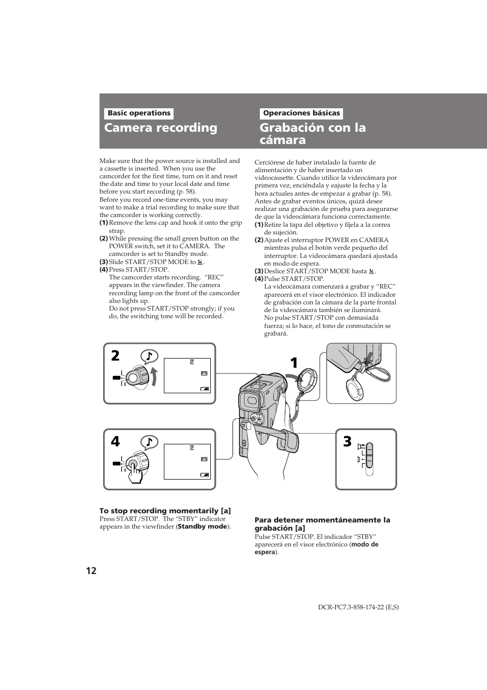 Grabación con la cámara, Camera recording | Sony DCR-PC7 User Manual | Page 12 / 92