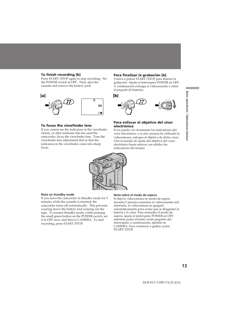 Para finalizar la grabación [b, Para enfocar el objetivo del visor electrónico | Sony DCR-PC7 User Manual | Page 13 / 92