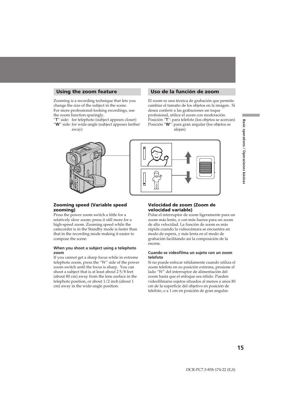 Using the zoom feature, Uso de la función de zoom | Sony DCR-PC7 User Manual | Page 15 / 92