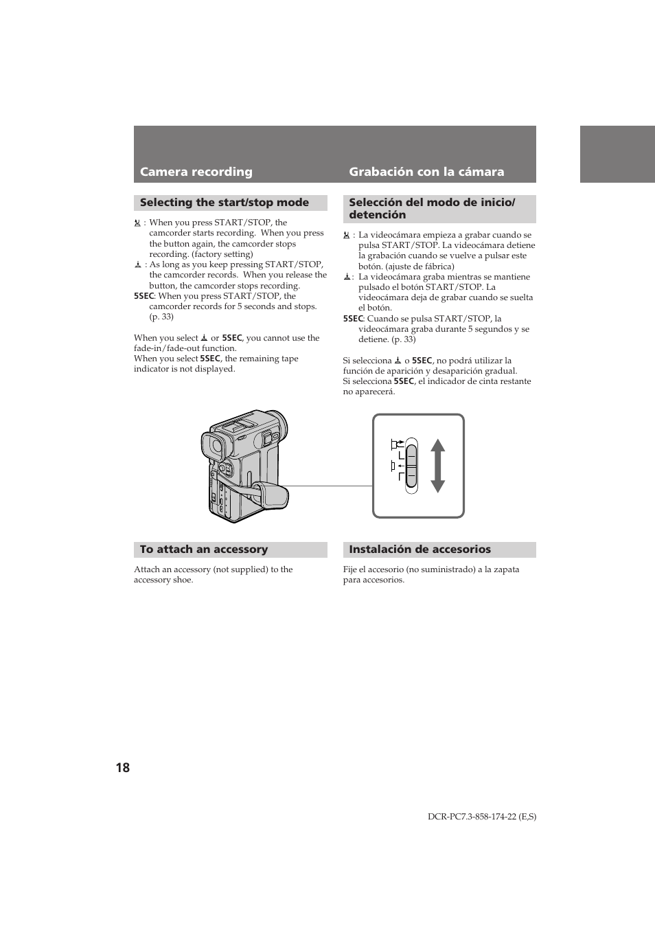 Camera recording grabación con la cámara | Sony DCR-PC7 User Manual | Page 18 / 92