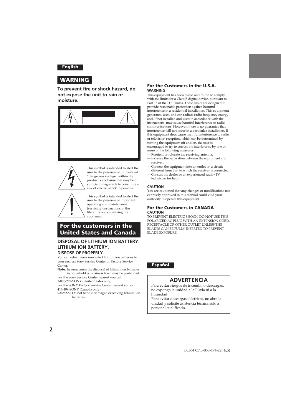Warning, For the customers in the united states and canada, Advertencia | Caution | Sony DCR-PC7 User Manual | Page 2 / 92
