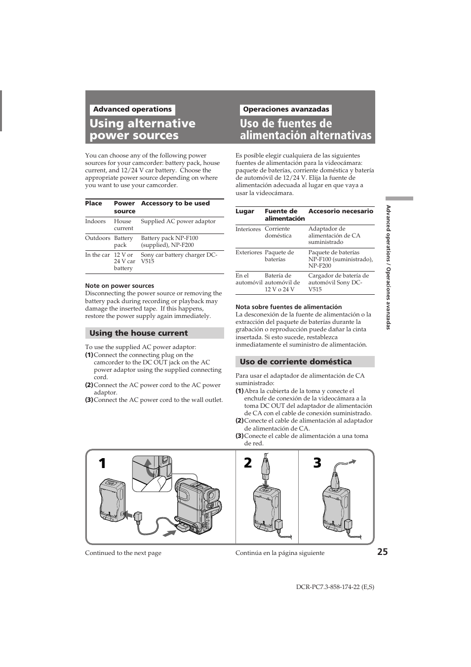 Uso de fuentes de alimentación alternativas, Using alternative power sources | Sony DCR-PC7 User Manual | Page 25 / 92