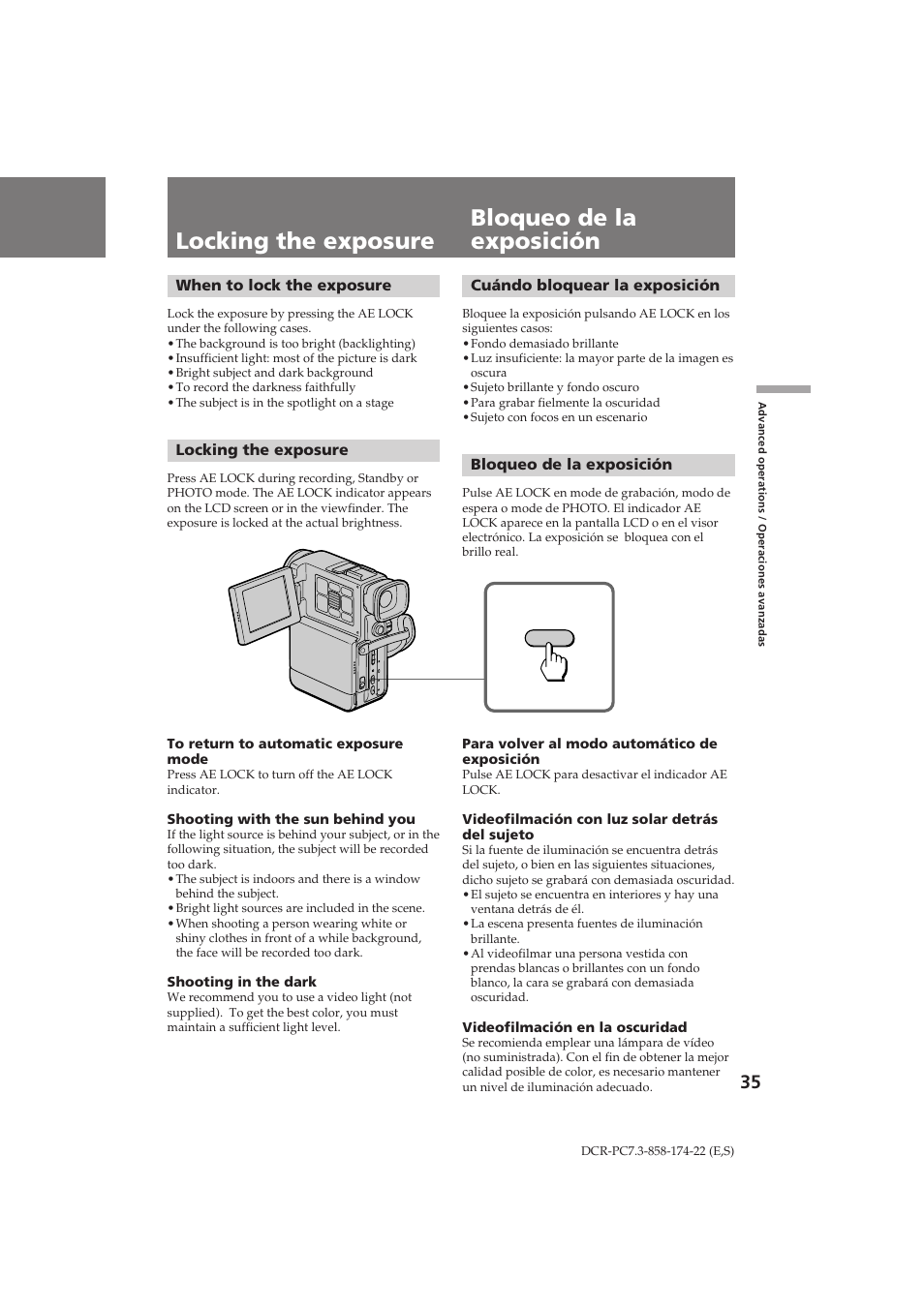 Locking the exposure bloqueo de la exposición | Sony DCR-PC7 User Manual | Page 35 / 92