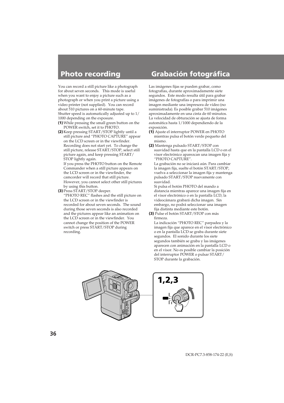 Photo recording grabación fotográfica | Sony DCR-PC7 User Manual | Page 36 / 92
