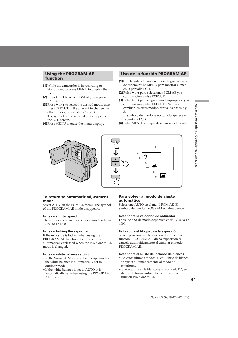 Using the program ae function, Uso de la función program ae | Sony DCR-PC7 User Manual | Page 41 / 92