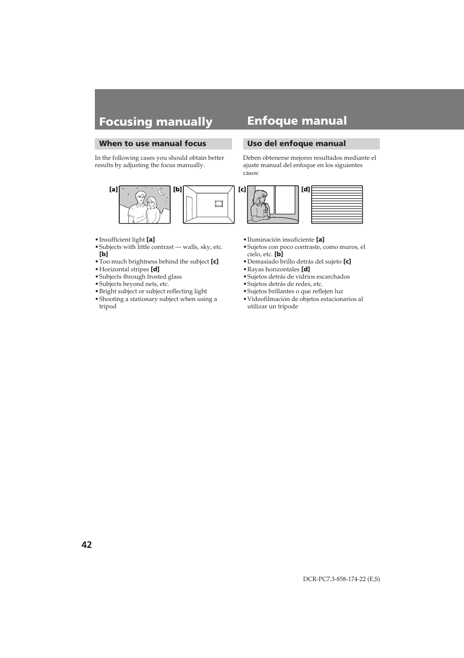Focusing manually, Enfoque manual | Sony DCR-PC7 User Manual | Page 42 / 92