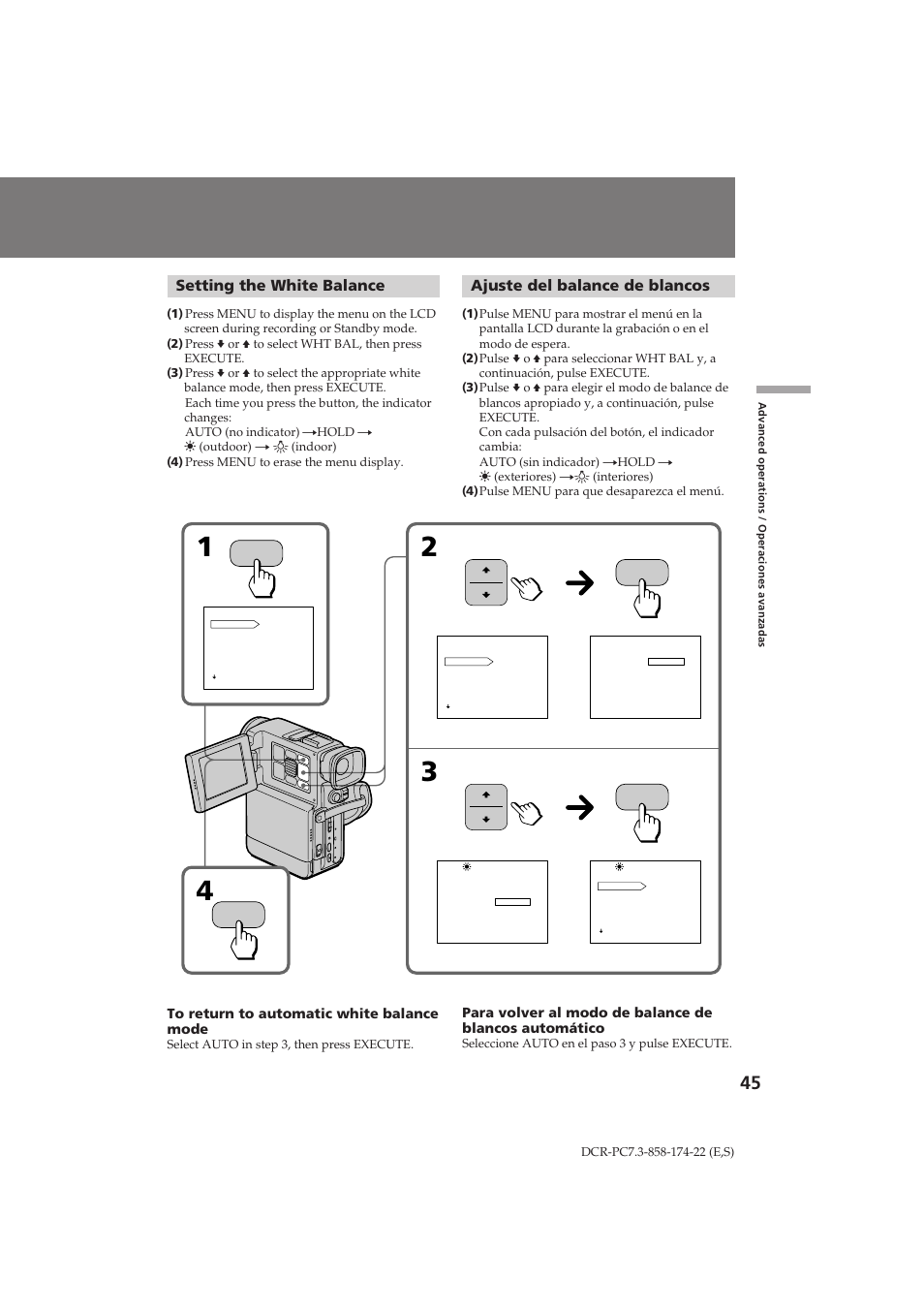 Setting the white balance, Ajuste del balance de blancos | Sony DCR-PC7 User Manual | Page 45 / 92