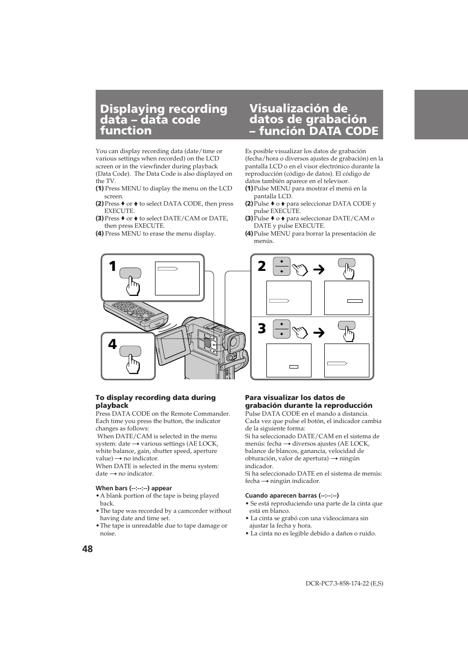 Displaying recording data – data code function | Sony DCR-PC7 User Manual | Page 48 / 92