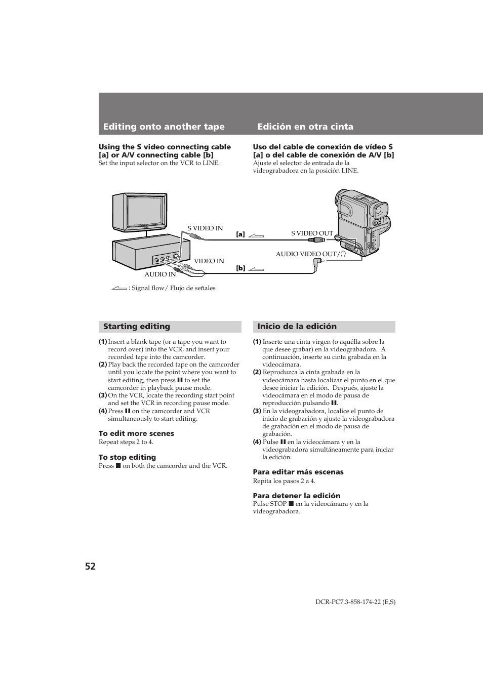Editing onto another tape edición en otra cinta | Sony DCR-PC7 User Manual | Page 52 / 92