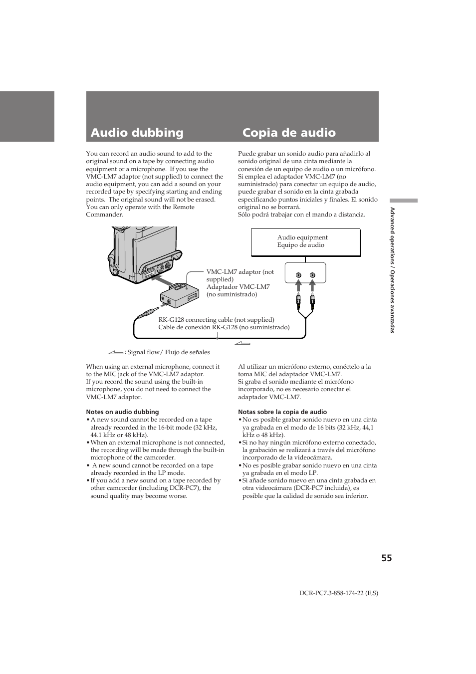 Audio dubbing copia de audio | Sony DCR-PC7 User Manual | Page 55 / 92