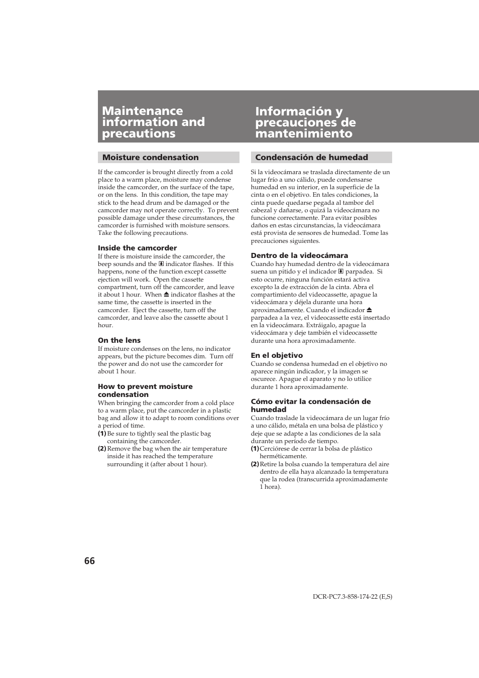 Información y precauciones de mantenimiento, Maintenance information and precautions | Sony DCR-PC7 User Manual | Page 66 / 92