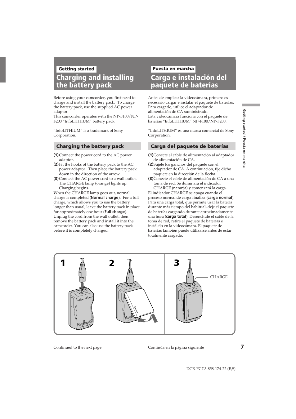 Carga e instalación del paquete de baterías, Charging and installing the battery pack | Sony DCR-PC7 User Manual | Page 7 / 92