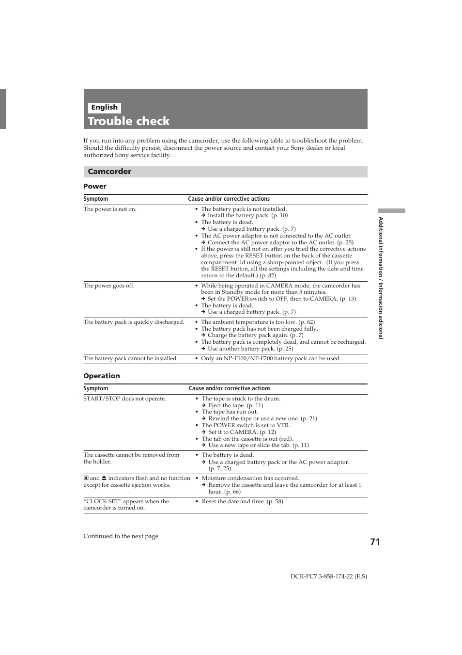 Trouble check, Camcorder | Sony DCR-PC7 User Manual | Page 71 / 92